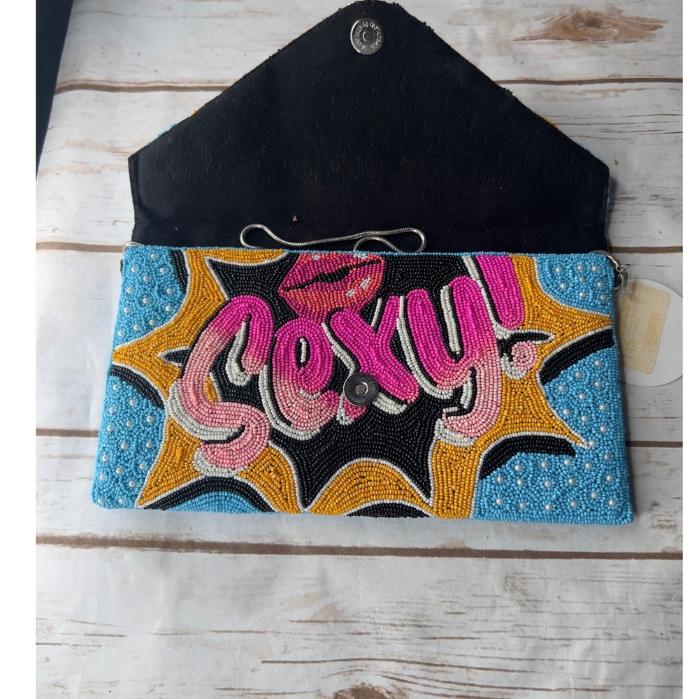 Ricki Designs Pop Art Beaded Clutch Blue Sexy Lips Envelope Bag NWT OS